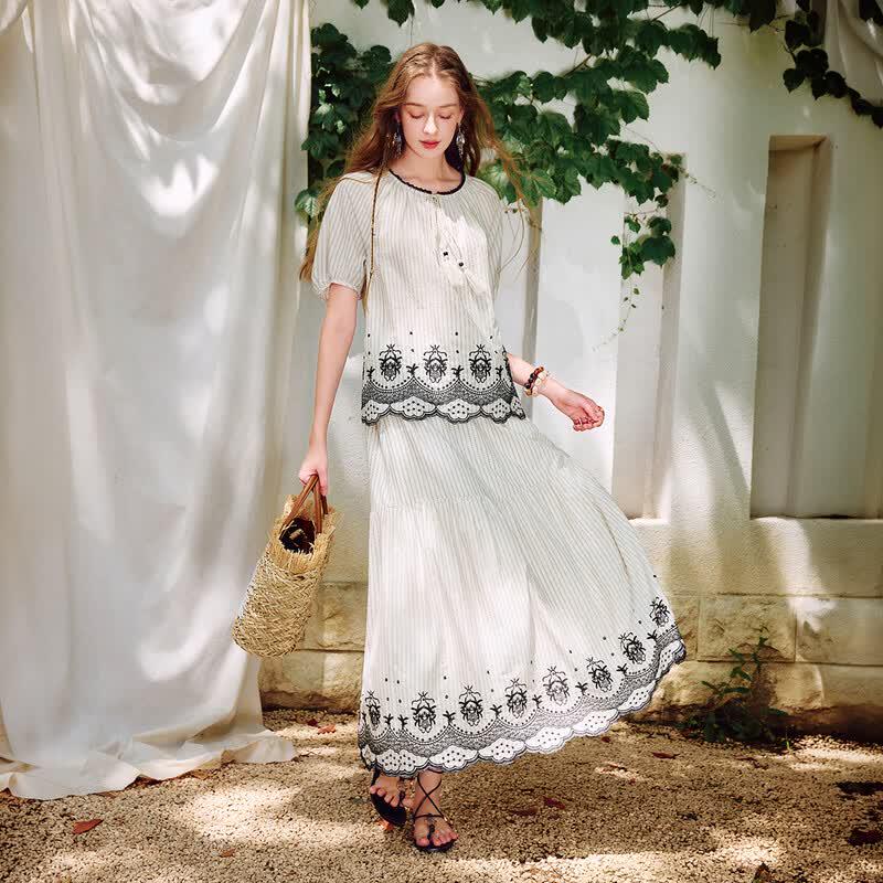 Women's Embroidered Striped Two-Piece Skirt Set