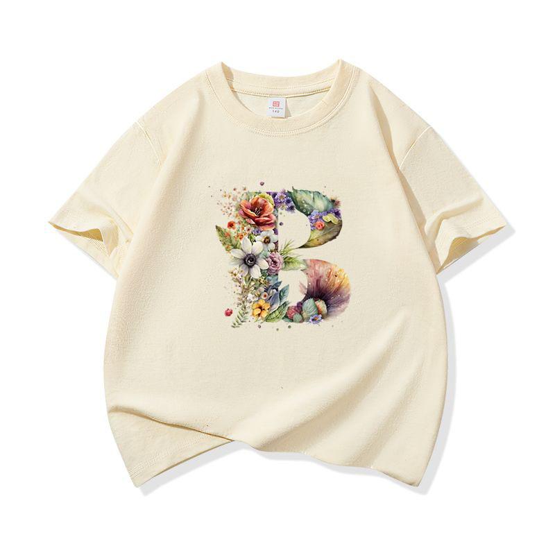 Kids Cotton T Shirt Floral Letter B Print Crew Neck Short Sleeve Tee Casual Boys Girls Summer Tops