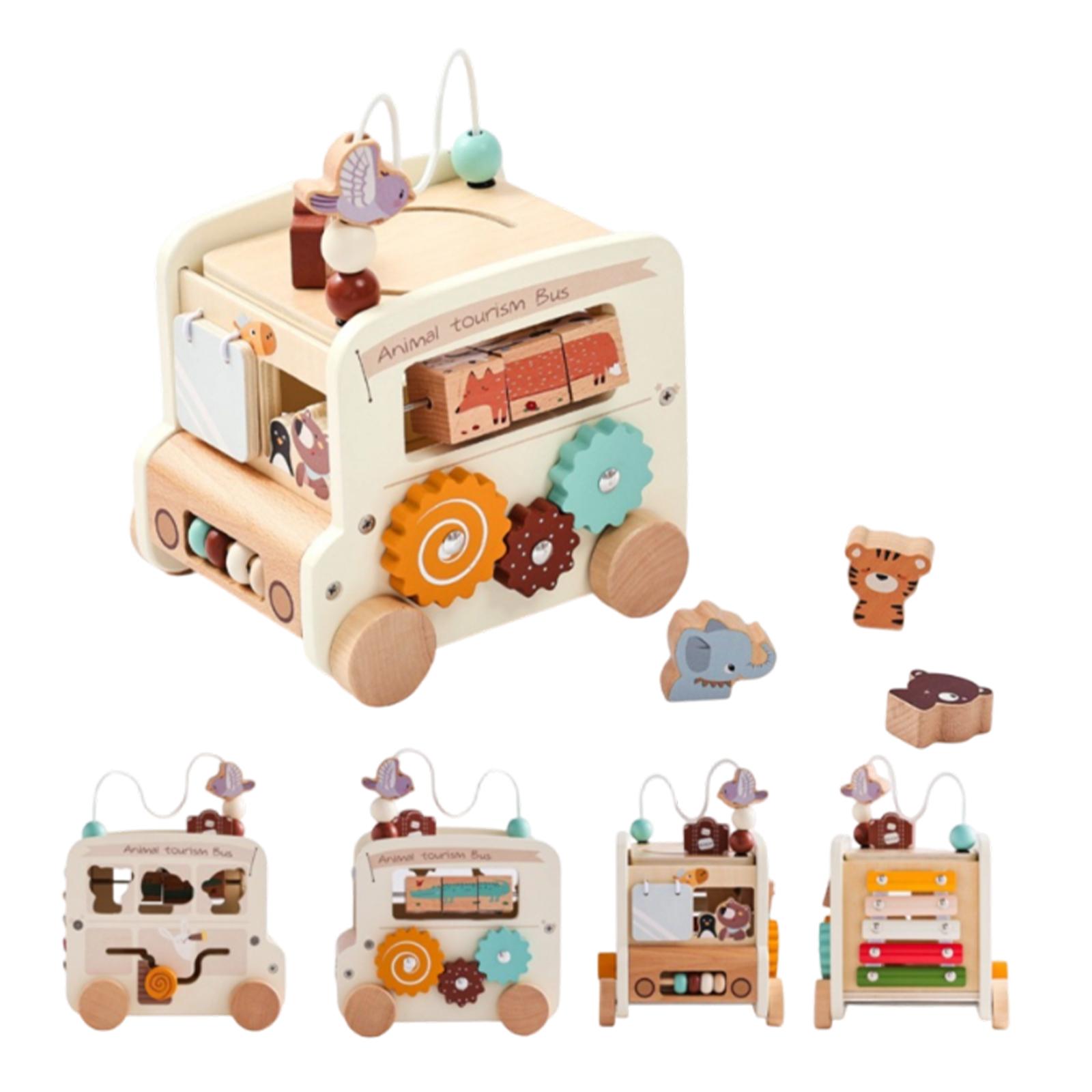 Children S Educational 5-In-1 Bus Toy, Shape Matching, Piano-Playing, Bead-Winding Wooden Toy Car One Size