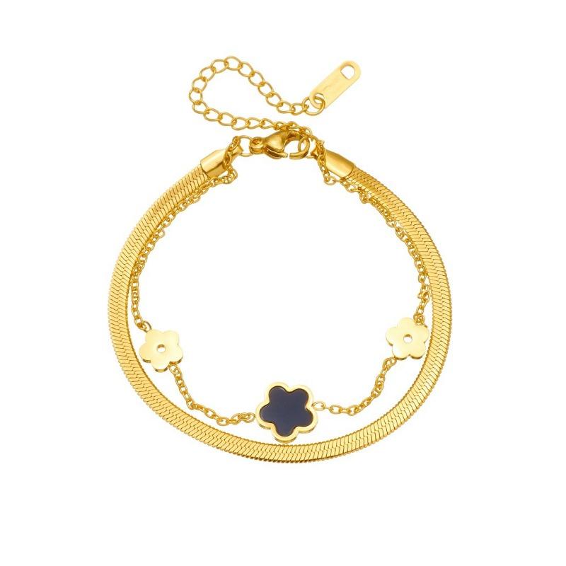 Gold Plated Double Layer Flower Bracelet, Stainless Steel Herringbone Chain Wrist Jewelry, Waterproof Dainty Bracelet for Women Gift