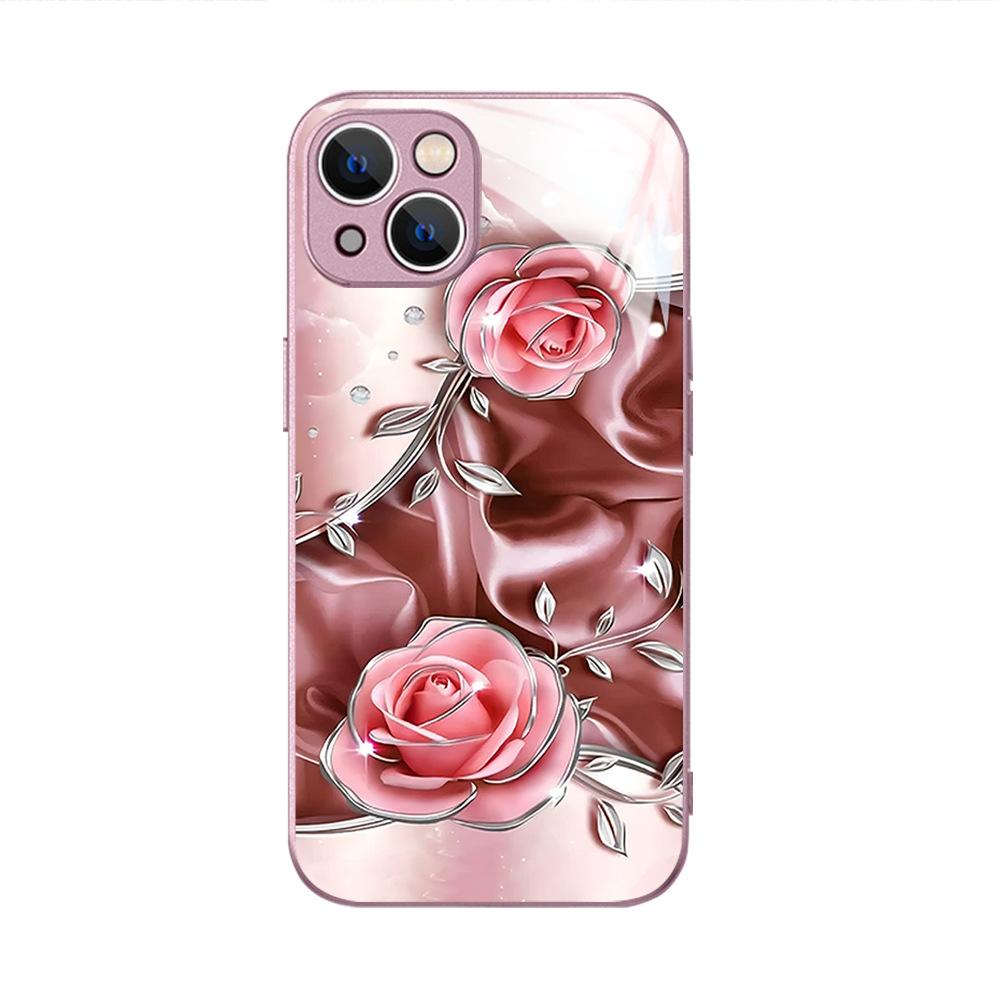 Three-dimensional Pink Rose Tempered Glass Case Apple 15promax Mobile Phone Case iPhone17 Case