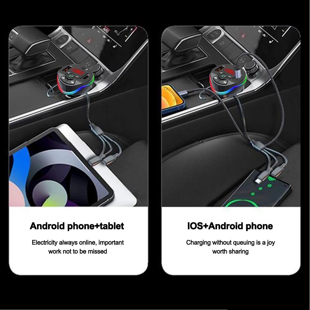 Bluetooth 5.0 FM Transmitter Car MP3 Modulator Player Handsfree Audio Receiver PD+USB Phone Charger With 3 in 1 Charge Cable