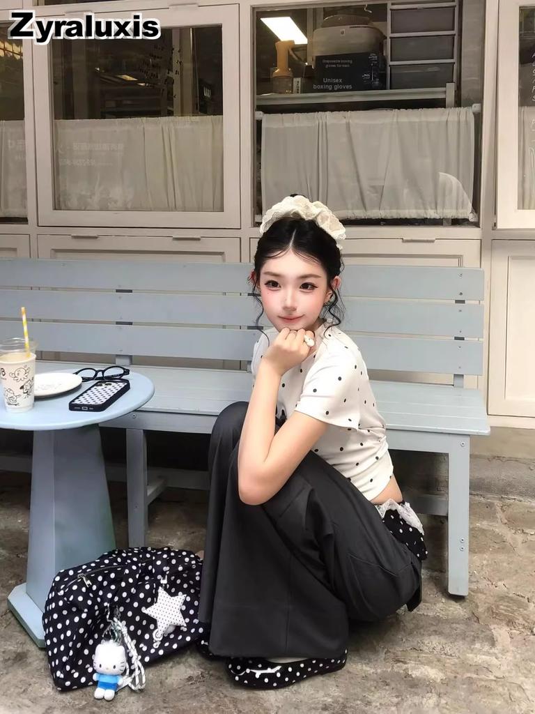 Summer Korean Retro White Polka Dot Cute Printed Small Dog Short Sleeve T-Shirt Women Slim Fit High Neck Top Trendy