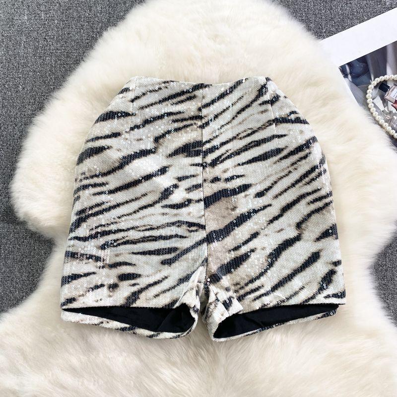 

Autumn and Winter K-style High Waist Leopard-Print Shorts Casual Sequin White zebra pattern L