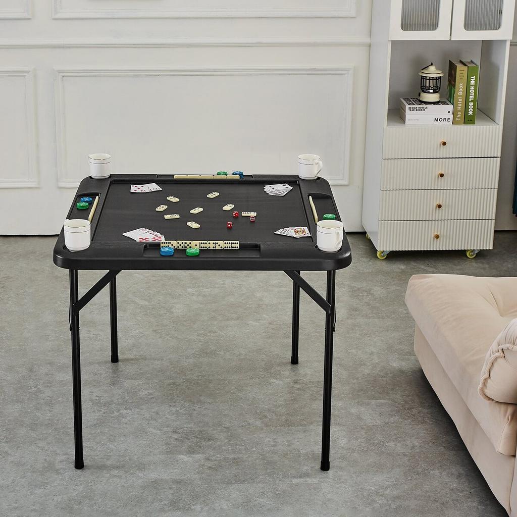 Mahjong Table, Square 4 Player Folding Card Table with 4 Cup Holders & 4 Chip Trays, Portable Domino Game Table with 1 Set of Dominoes for Mahjong