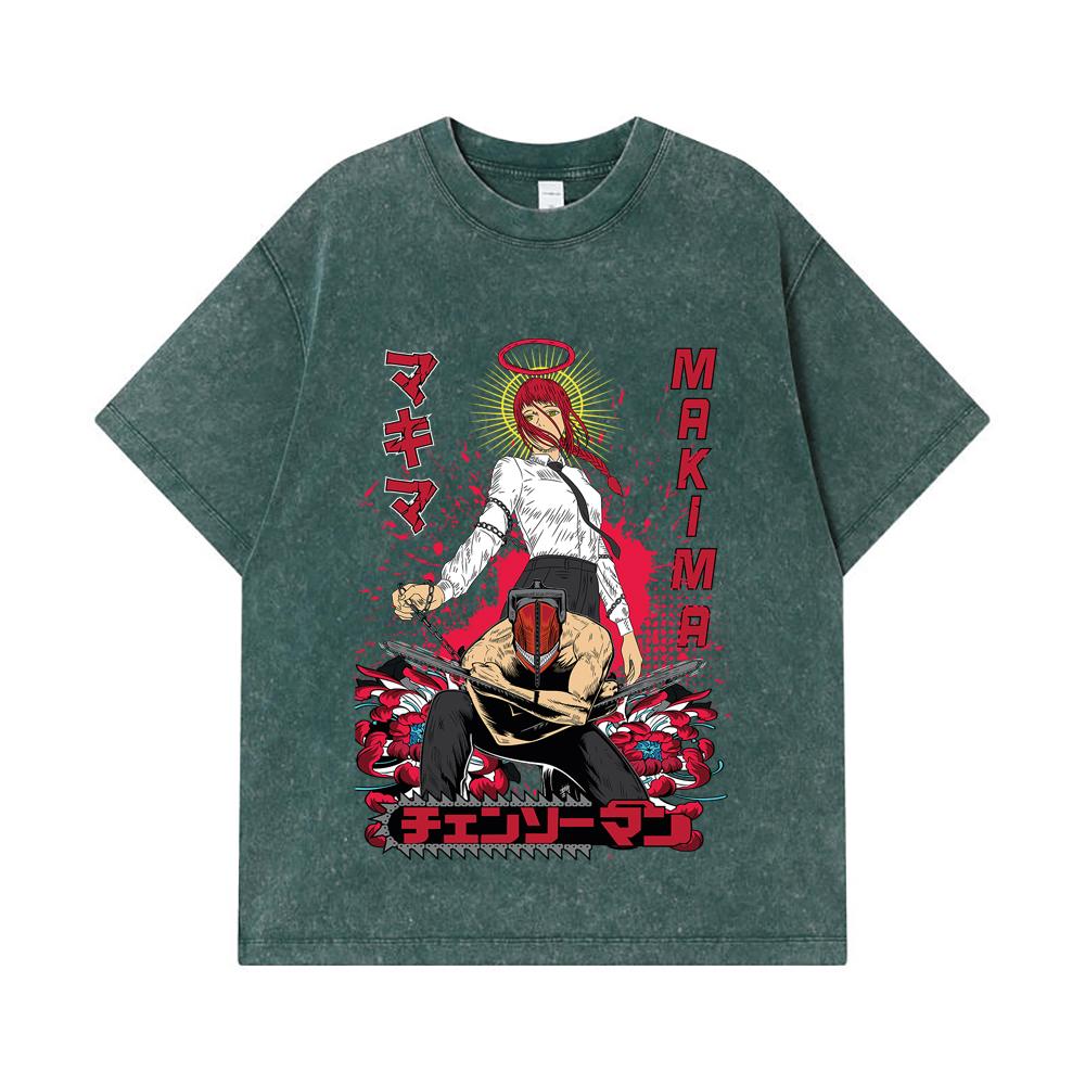 275 GSM Washed T-shirts 100% Cotton Chainsaw Man V23 Denji Makima Print Unisex Heavy Cotton T Shirt
