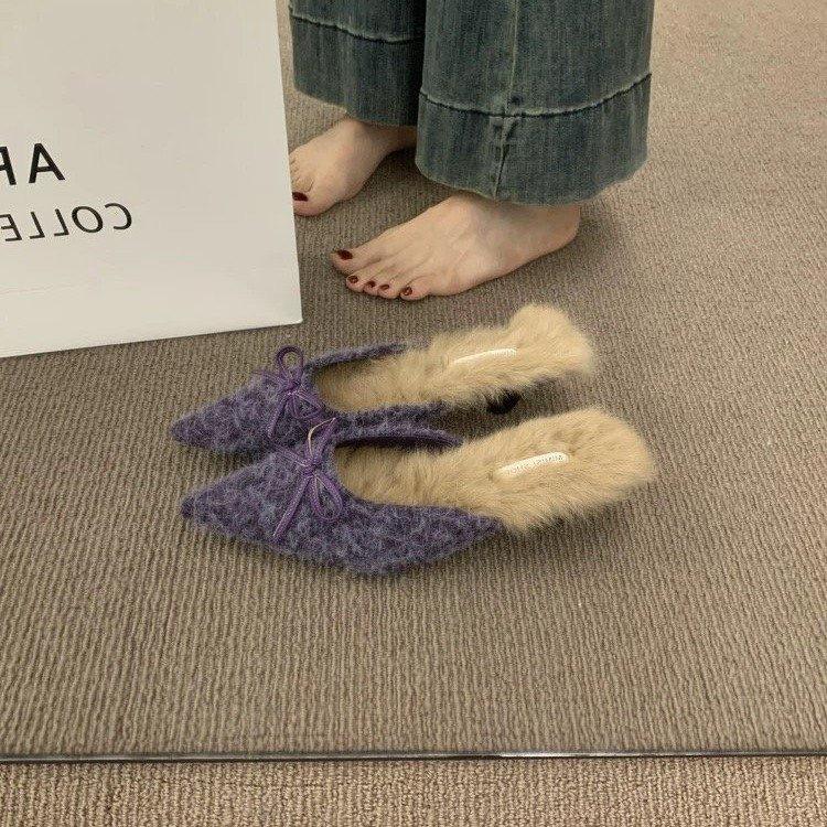 French fairy evening wind fluffy shoes female bag head half slippers 2025 spring new high heels velvet pointed muller shoes