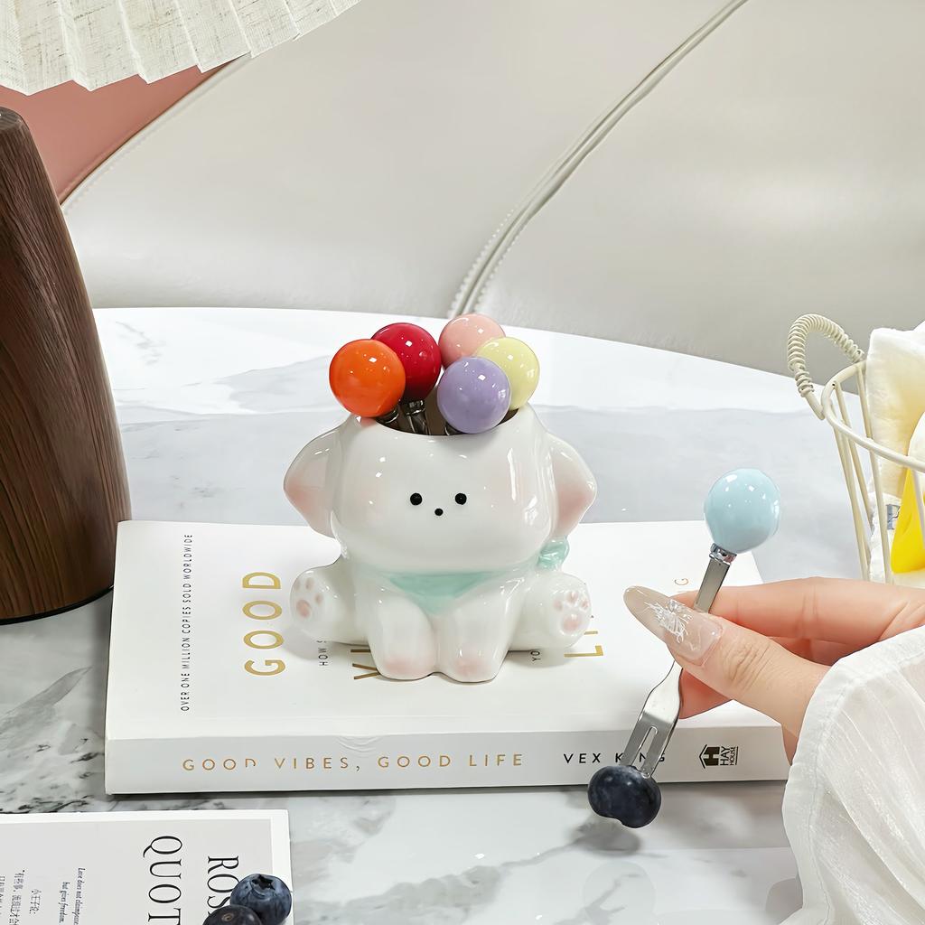 Cartoon Puppy Fruit Fork Colored Ball Stainless Steel Cute Dessert Fruit Fork Set Household Tableware Dinner Fork Kitchen Tools