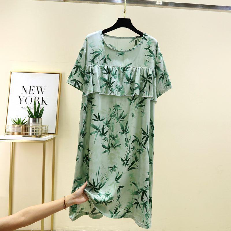 Bourette Short sleeve Dress Women Summer Thin Waist Hugging Home Dress Mid-Length A- line Skirt Artificial Cotton Loose Nightdress