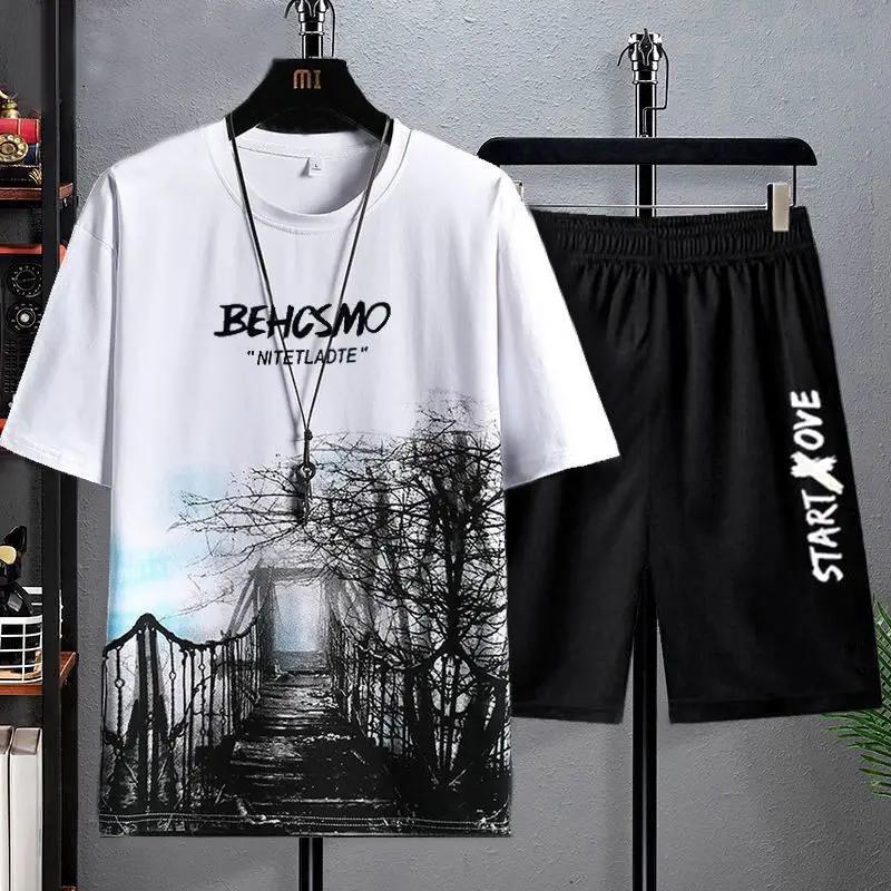 Summer Casual Suit Men's Ultra-thin Quick-dry Ice Silk Short Sleeved T-shirt Sports 5-minute Shorts Running 2-piece Set