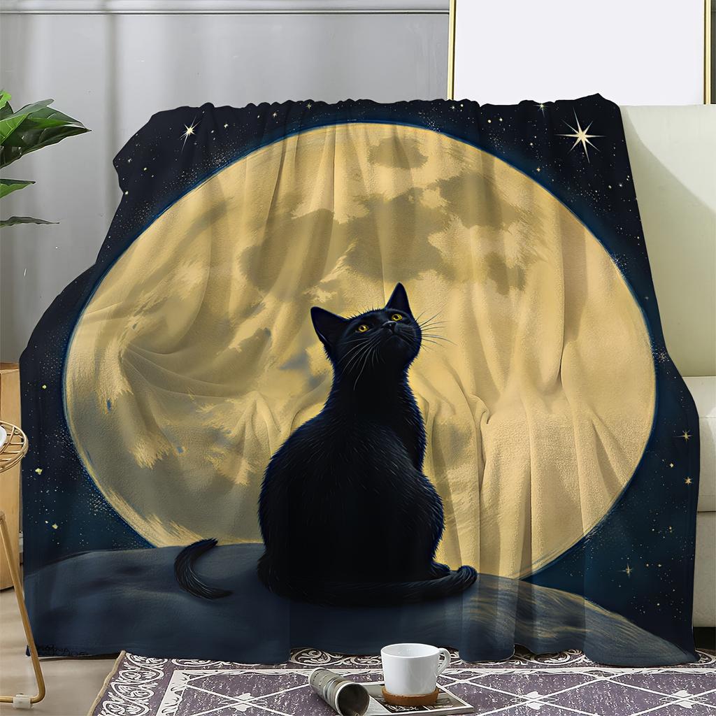Vintage Moonlit Cat Throw Blanket - Soft Flannel All-Season Cozy Blanket with Mystical Black Cat & Full Moon Design, Mixed Color