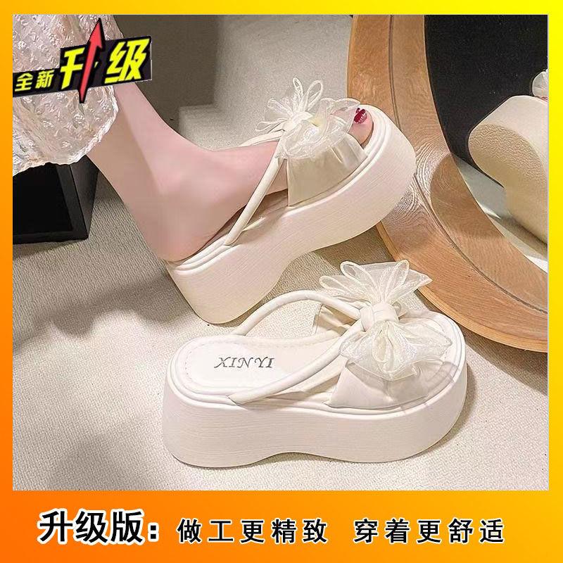 Going out new niche bow platform sandals 2025 summer sweet explosion fashion with skirt one-word slippers women