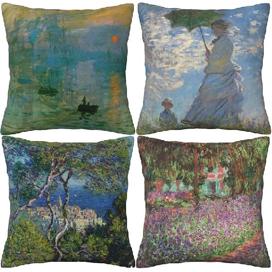 HOSTECCO Claude Monet Painting Throw Pillow Covers 18x18 inches Set of 4 Sunrise The Impression Art Painting Pillow Cases Square Decorative Cushion Claude Monet Painting