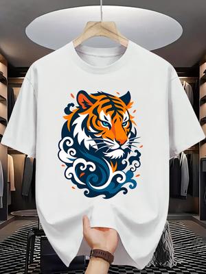 Chinese Style Tiger Unisexs Crew Neck T Shirt Traditional Cloud Wave Wild Animal Graphic Short Sleeve Tee Casual Male Street Tops
