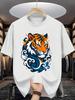 Chinese Style Tiger Unisexs Crew Neck T Shirt Traditional Cloud Wave Wild Animal Graphic Short Sleeve Tee Casual Male Street Tops