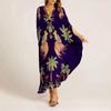 Women's V Neck Three Quarter Maxi Dress Loose Fit Mid Waist Tropical Print Kaftan Beach Dress