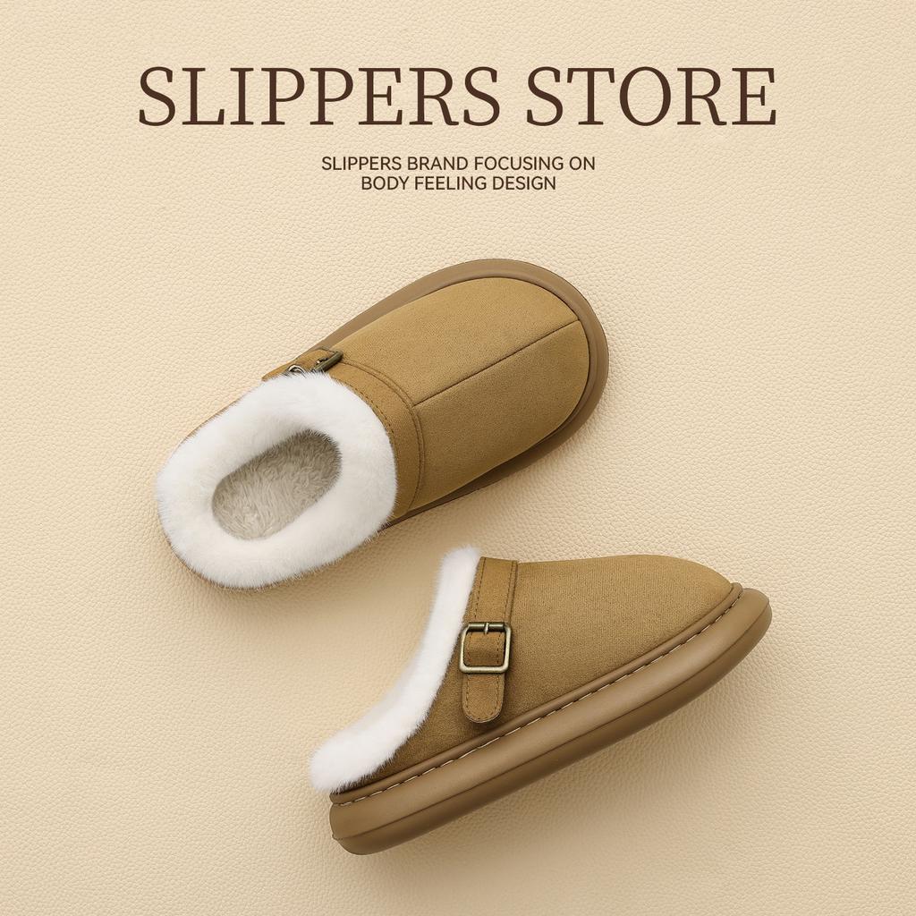 Damen Hausschuhe aus Hirschleder-Fleece-Baumwolle, Herbst und Winter, neu, Indoor, Lammfell, warm, Plateau-Baumwollschuhe für Damen