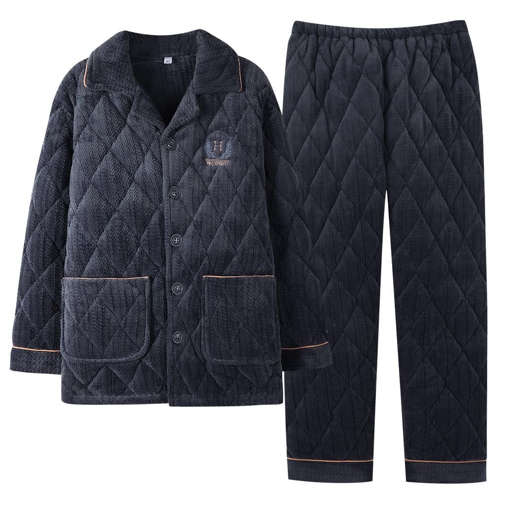 Pajamas Men's Winter 1011 New Three-layer Thickened Fleece Padded Cotton Autumn and Winter Middle-aged Dad Large Size Winter Loungewear