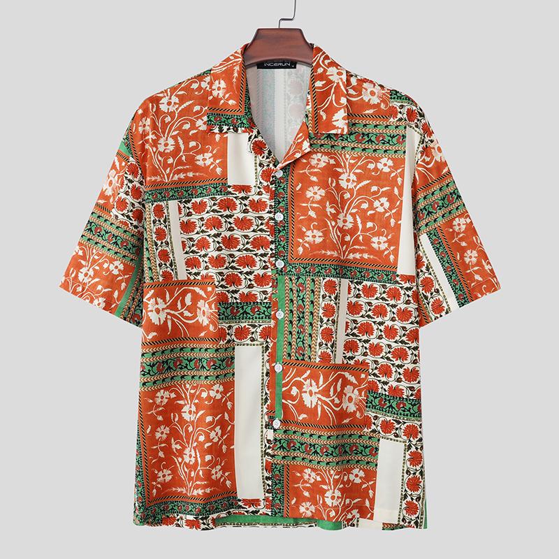INCERUN Summer Men Lapel Neck Short Sleeve Print Beach Casual Holiday Hawaiian Shirts L зелёный