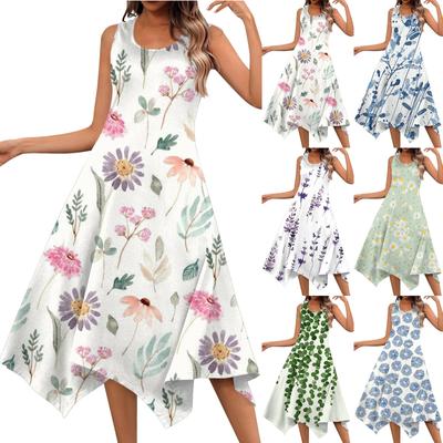 Abito midi da donna casual alla moda, con scollo rotondo, senza maniche, stampa floreale e orlo irregolare