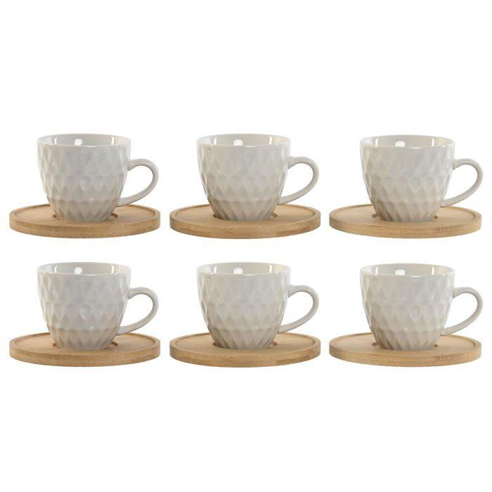 Lot de tasses à café en porcelaine - arcoirsl - 6 pièces - Base en bambou - 90 ml - Design minimaliste - Blanc