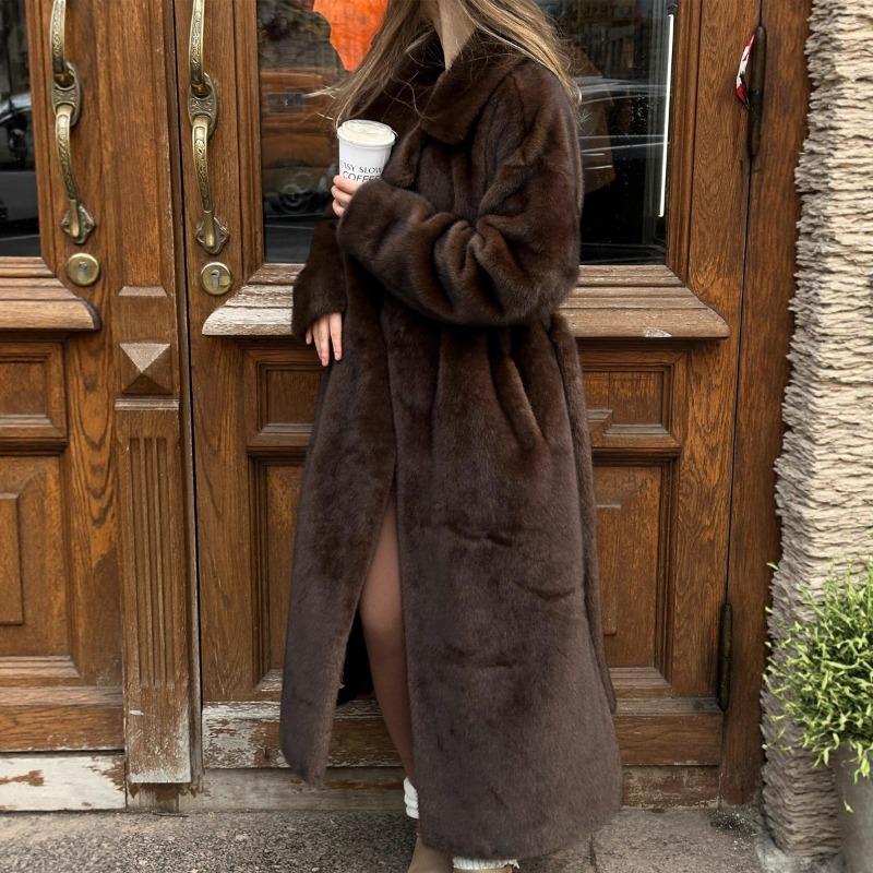 Damen S Faux Fur Langer Mantel Mit Gürtel Dicke Warme Oberbekleidung