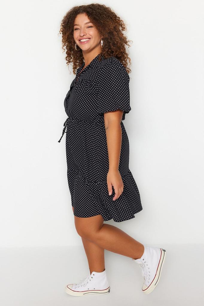 Women's Style Plus Size Black Polka Dot Woven Shirt Dress