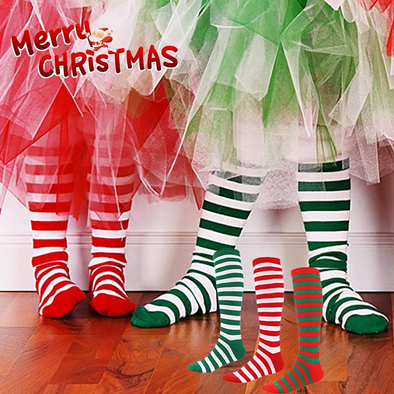 Knee Long Striped Socks Christmas Elf Socks Kids Women Thigh Stocking Cosplay