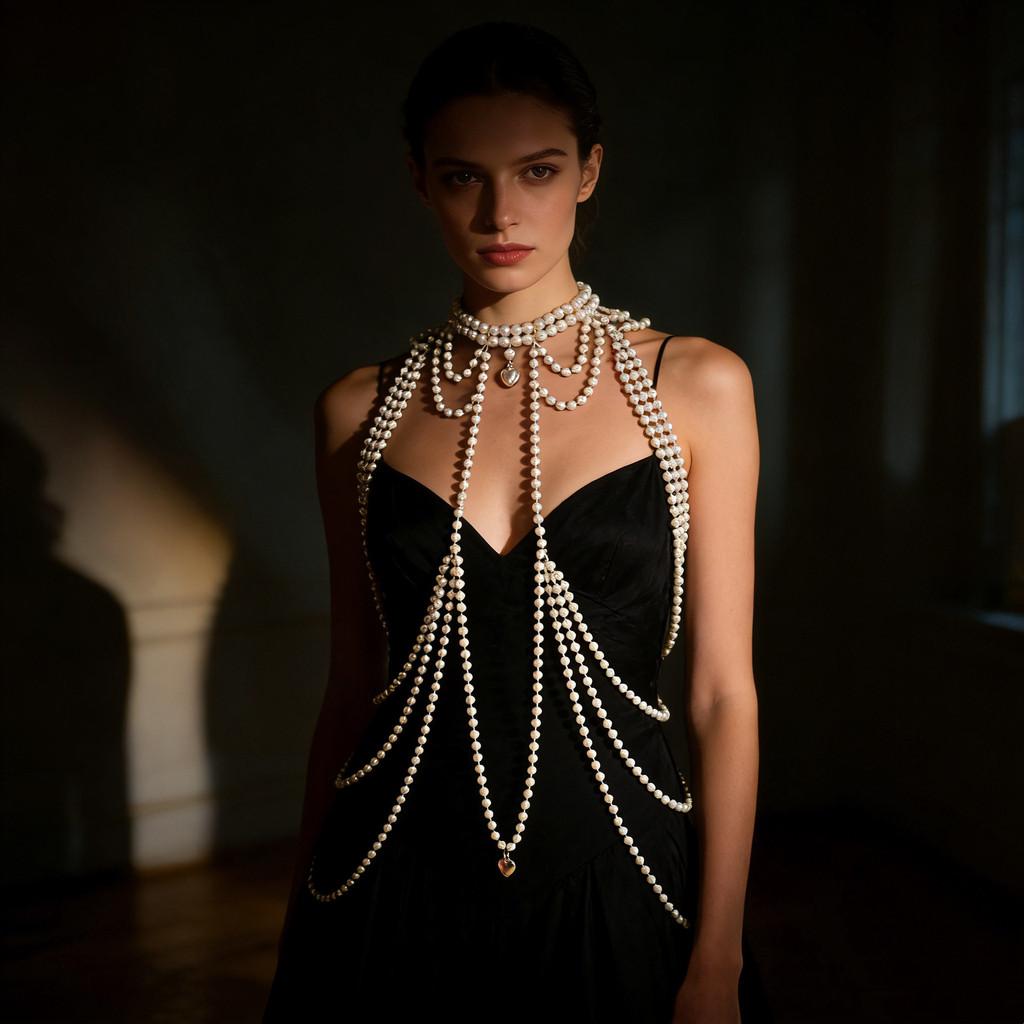 Classic Pearl Multilayer Body Chain With Heart Pendant For Elegant Party Wear