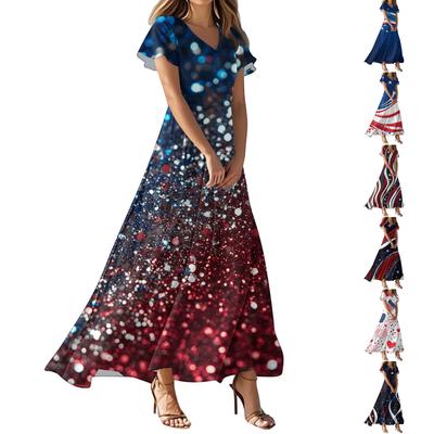 Women's Casual Fashion Print Long Dresses V-Neck Short Sleeve Dresses
