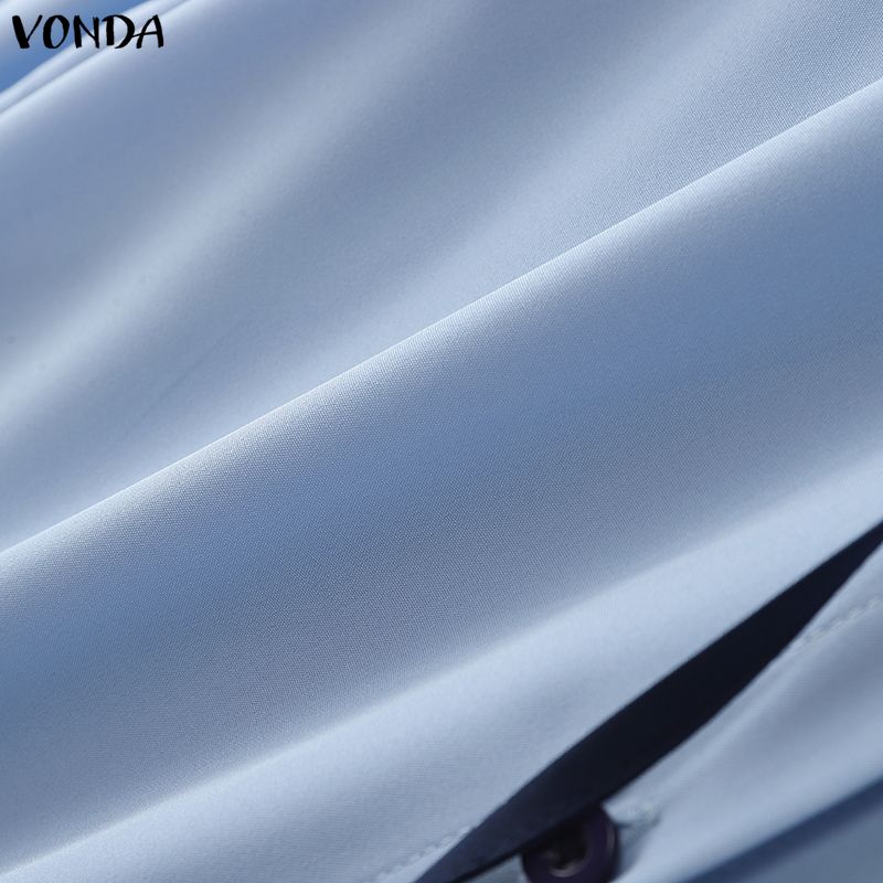 VONDA Women Casual Lace-up Neck Long Sleeve Stitching Solid Color Loose Blouse