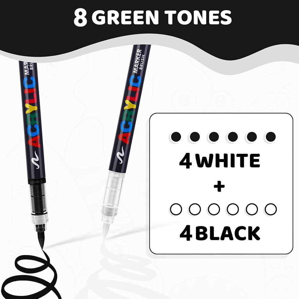 Weiß & Schwarz Acrylfarbe Stifte Sets 8er Pack Farbe Stifte Marker Pinselspitze & Direkter Tintenfluss Geeignet für Steinmalerei DIY Basteln
