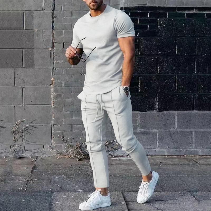 Sports Set Mens Fall Summer Solid Casual Round Neck Short Sleeve Sports T-shirt Two Piece Set for Men