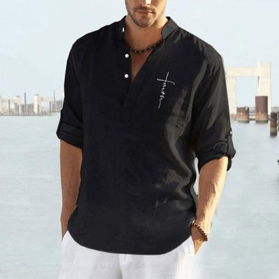 Camicia casual da uomo in cotone e lino tinta unita a maniche lunghe con lettere stampate, ampia e colletto alla coreana