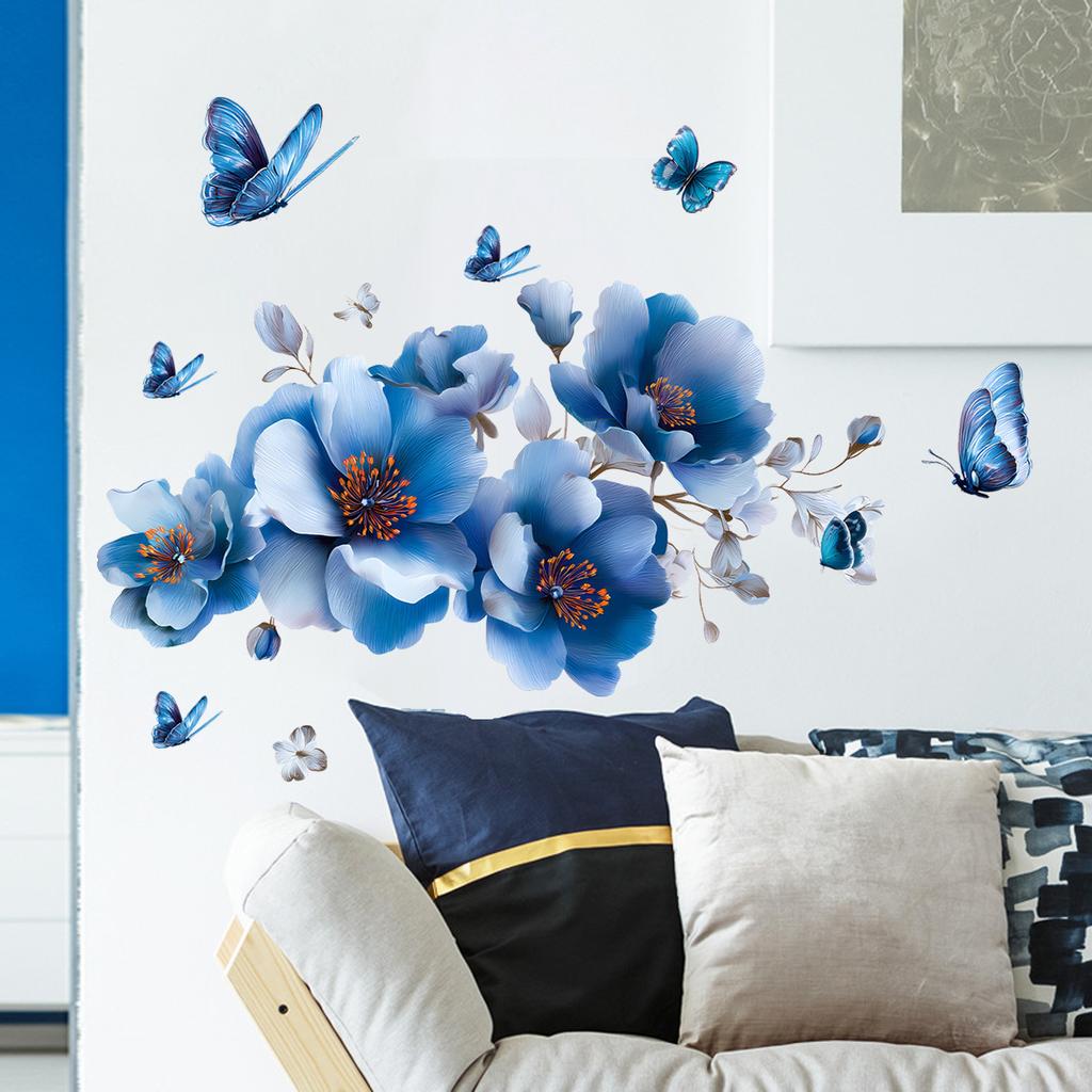 Elegant Blue Butterfly Flower Wall Sticker for Bathroom Living Room Bedroom Home Decor
