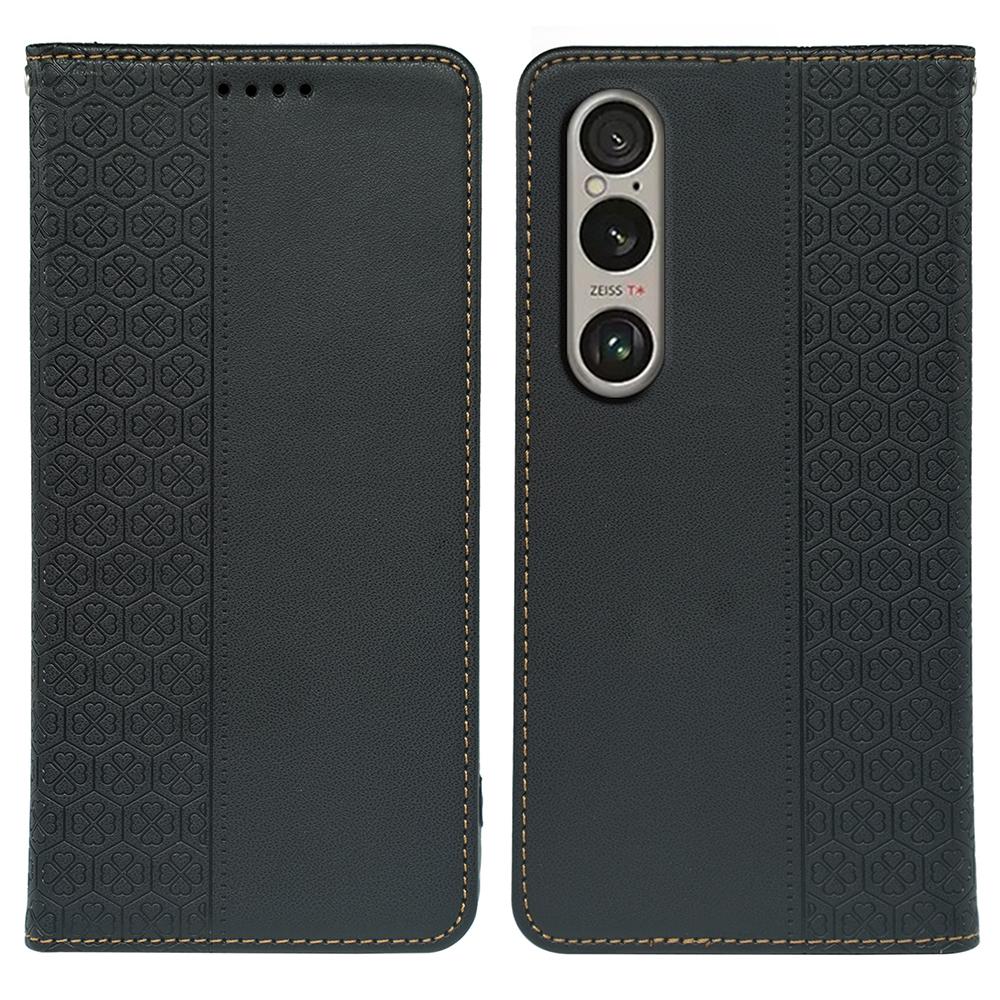 

For Sony Xperia 1 V Case Four Leaf Clover Leather Flip Phone Cover Stand Wallet Black