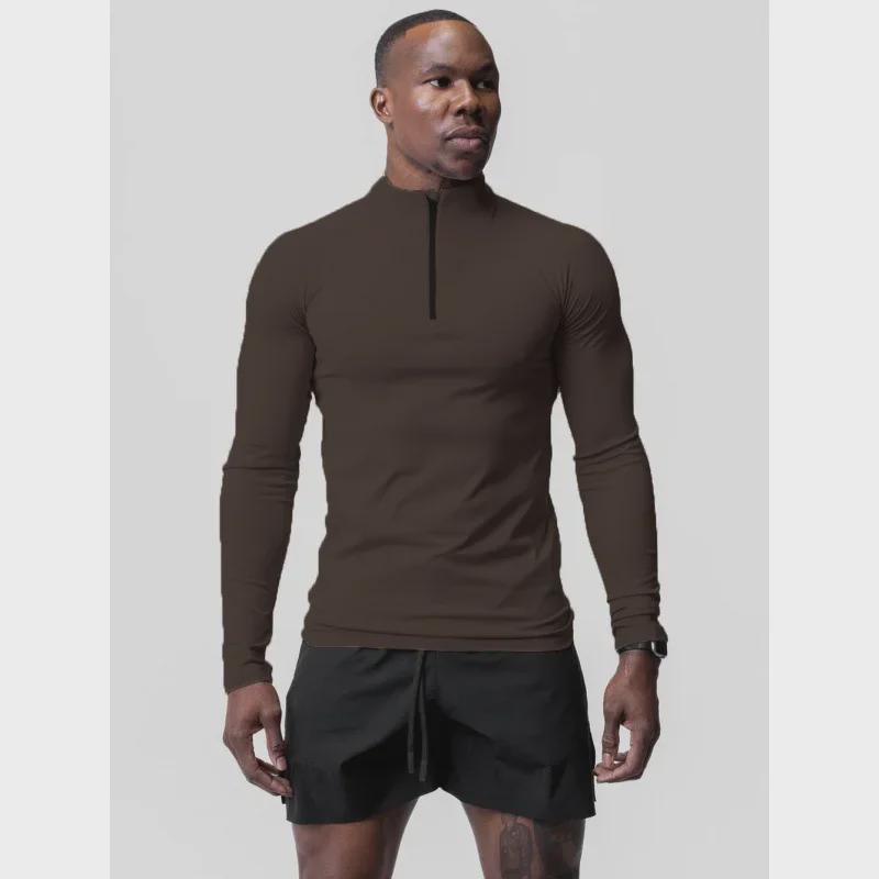 Men's Solid Color Velvet High Collar Half-Zip Training T-Shirt