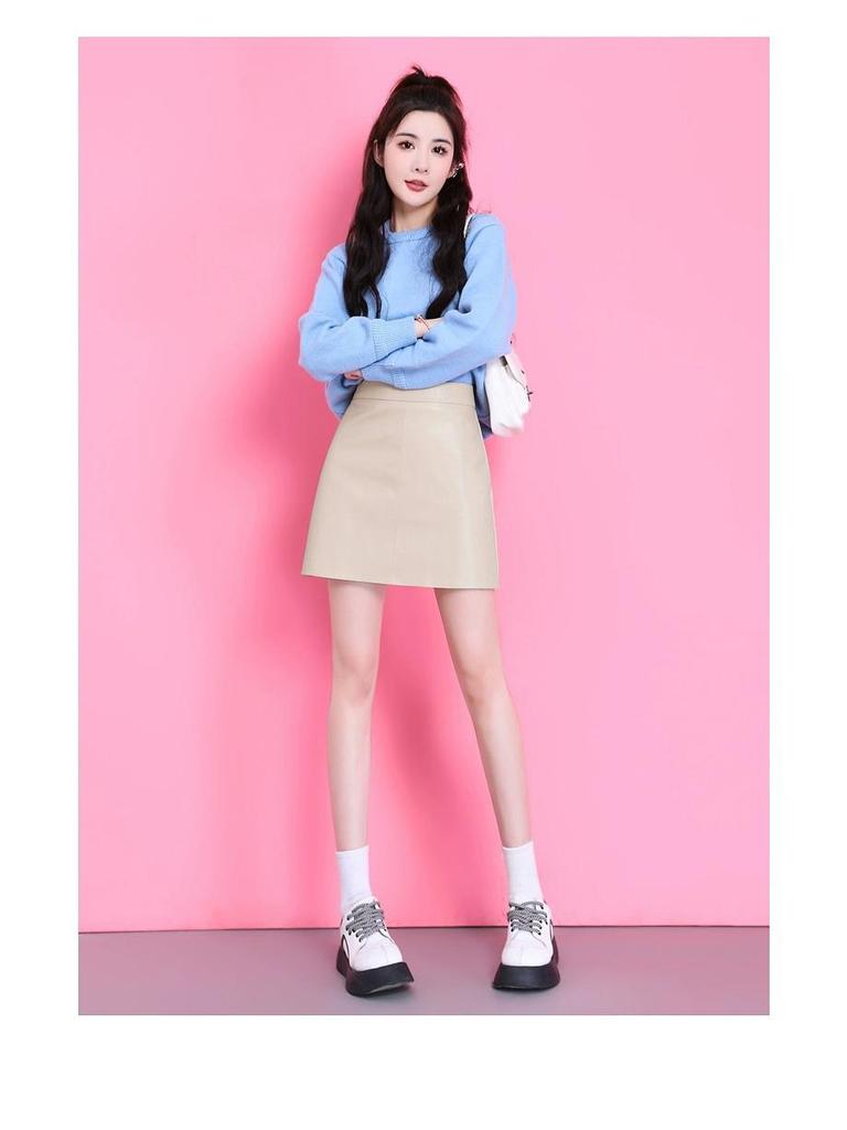 Korean Style High-Waisted PU Leather A-Line Skirt for Women - Short, Slimming, and Hip-Hugging