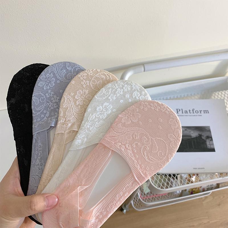 5 Pairs of Women's Summer Lace Jacquard Silicone Non-Slip Non-Marking Deep Cut Short Low Top Boat Socks