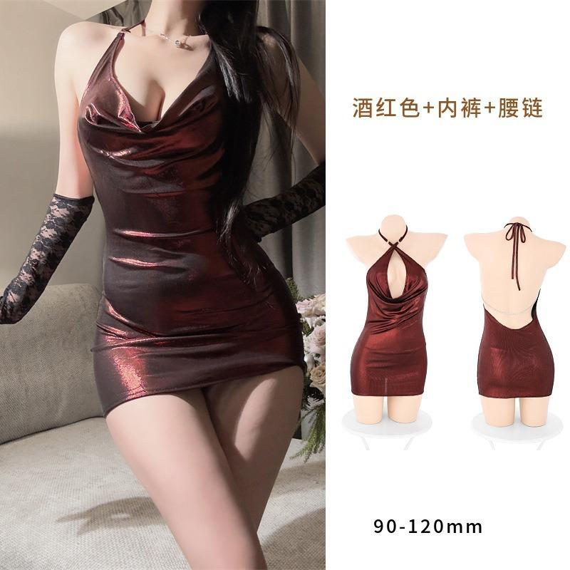 Sex Underwear Tight Hip Skirt Nightclub Passion Hot Dress, Patent Leather Deep V Neck Flirting Uniform