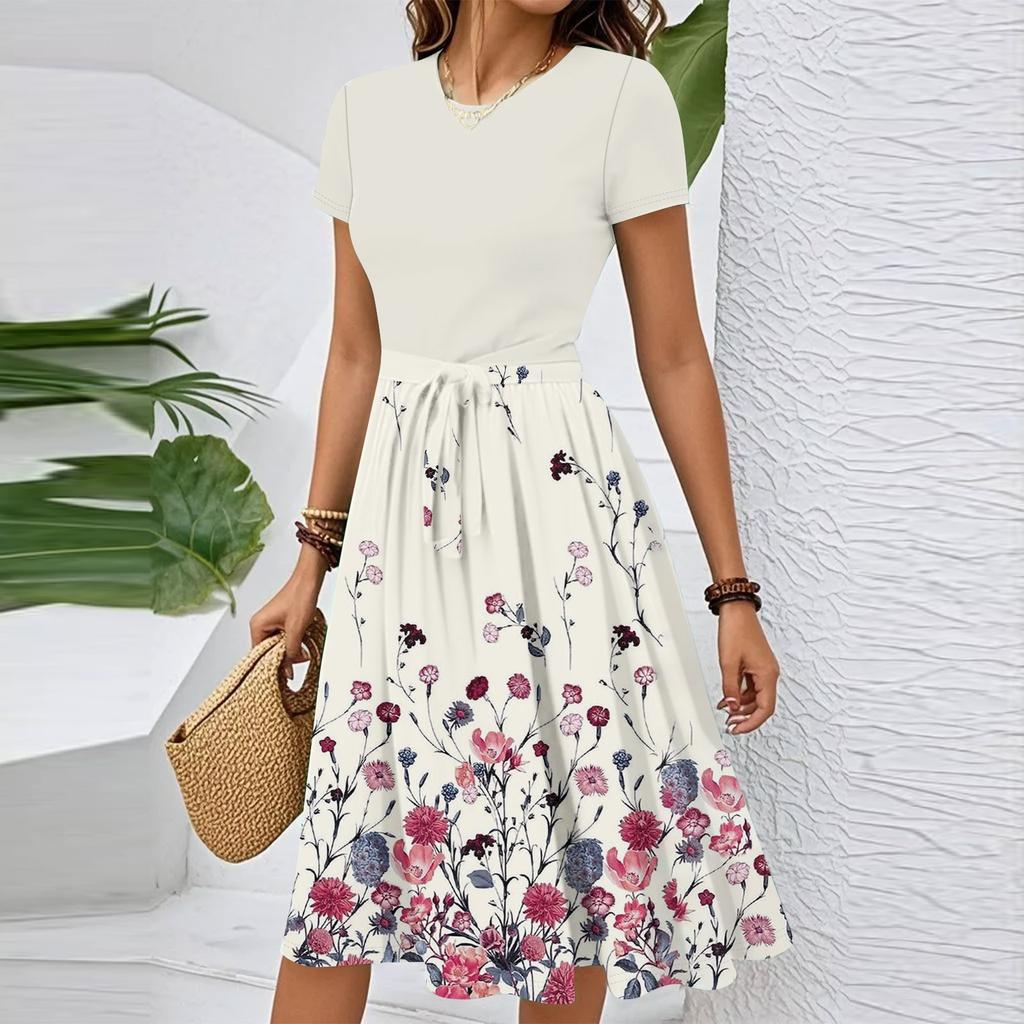 Women's Casual Fashion Belted Floral Printed Short Sleeve Round Neck Elegant Flowing Dress