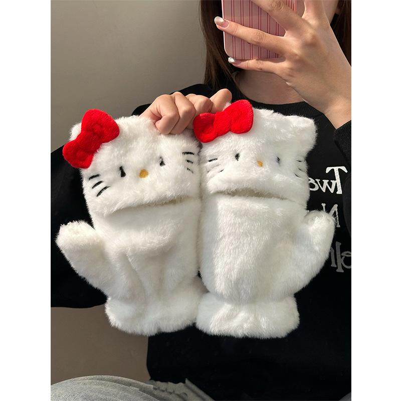 Cute cat plush flip gloves female plush thickened warm and cold half finger can