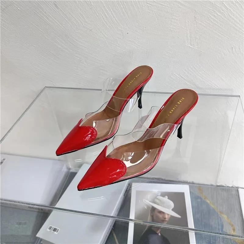 Fashion Elegant Pointed Toe Transparent PVC Heart High Heels Mules Slipper Shoes Women Black White Red Shoes Luxury Designer Pumps