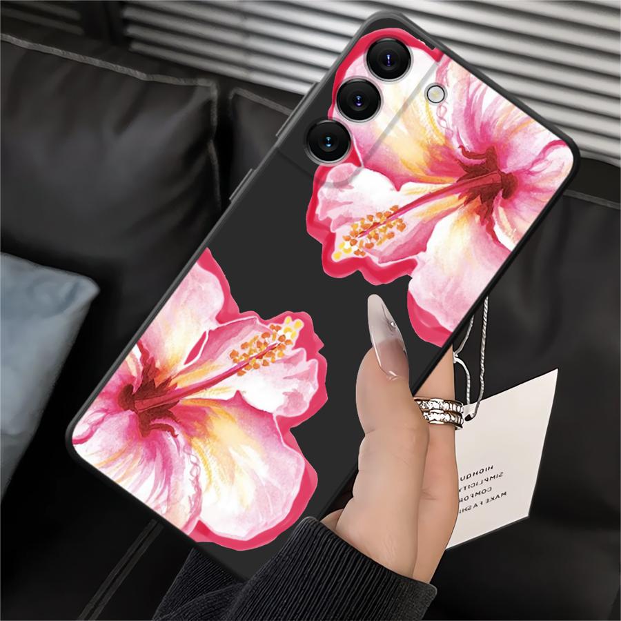 Case for Samsung Galaxy A70 A06 A04 A05 A50 A40 A16 A20 A13 A17 A10 A12 A30 A15 Black Soft Phone Cover Pink Lily Flower Pattern