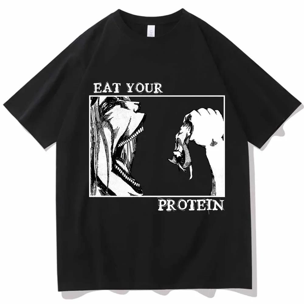 Attack On Titan T-Shirts Eat Your Protein Shirt Man Women Summer Casual O-Neck Short Sleeve Shirts Best Selling High Quality Tee