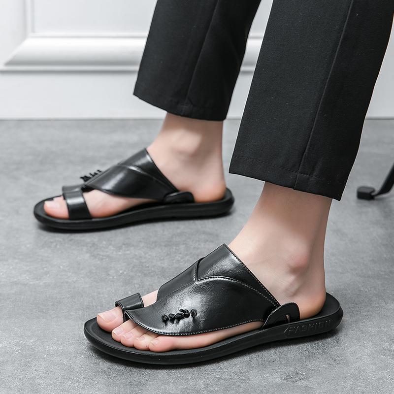 

Летние мужские шлепанцы, плоские тапочки, уличные пляжные повседневные мягкие кожаные сандалии с открытым носком EU:38 чёрный