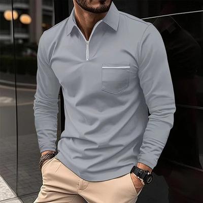 Modisches Poloshirt mit Reißverschlusstasche, langärmelig, sportliches Poloshirt für Herren, einfarbig