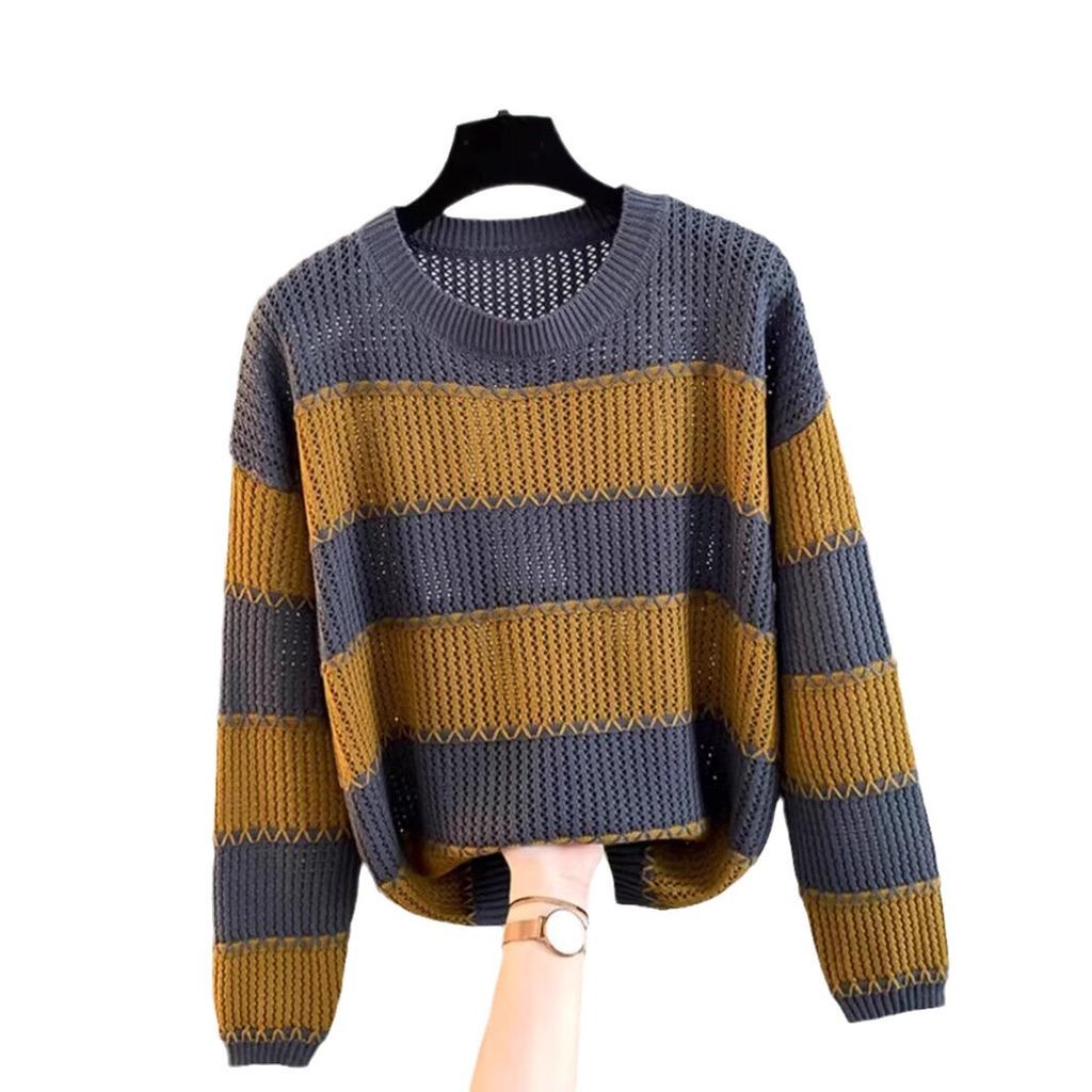 Pulover retro cu mâneci lungi cu gât rotund pentru femei Stil de navetă la modă Dungi de culoare contrastantă Pulover largi Pulover scobit tricot