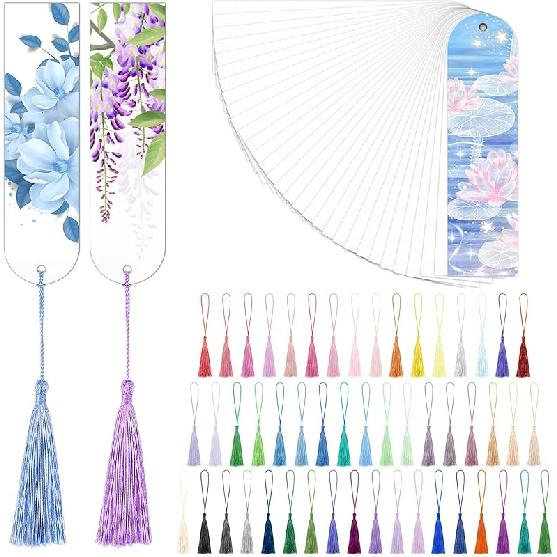 Sublimation Bookmark Blank Double Sided - 50Pcs Metal Bookmark Blanks Bulk + 50 Colors Bookmark Tassels, Bookmark Making Kit, for DIY Bookmarks, Book