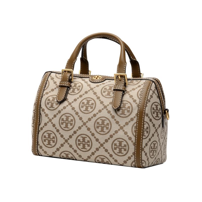 Tory Burch T Monogram Canvas And Leather Boston Bag With Adjustable Shoulder Strap Women handbags Hazelnut-Brown 83970-371